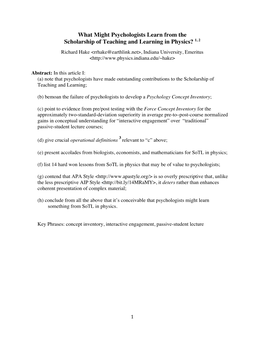 What Might Psychologists Learn from the Scholarship of Teaching and Learning in Physics? 1, 2