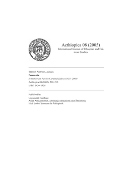 Aethiopica 08 (2005) International Journal of Ethiopian and Eri- Trean Studies
