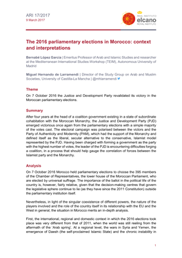 The 2016 Parliamentary Elections in Morocco: Context and Interpretations