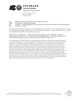 Krista Heiner, Regulations Manager RE: Chapter P-1 Final Regulations for the November 2020 Parks and Wildlife Commission Meeting DATE: November 6, 2020