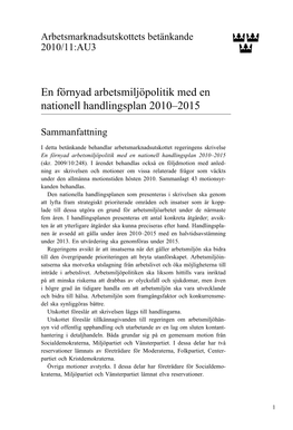 Bet. 2010/11:AU3 En Förnyad Arbetsmiljöpolitik Med En Nationell