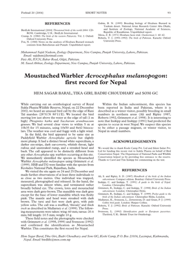 Moustached Warbler Acrocephalus Melanopogon: First Record for Nepal