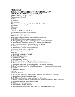 Appendix 5 Informal Consolidation of Legislation Offences Against the State Act, 1939 Arrangement of Sections