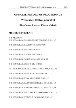 OFFICIAL RECORD of PROCEEDINGS Wednesday, 10 December 2014 the Council Met at Eleven O'clock