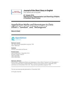 Journal of the Short Story in English, 67 | Autumn 2016 Appalachian Myths and Stereotypes in Chris Offutt's 