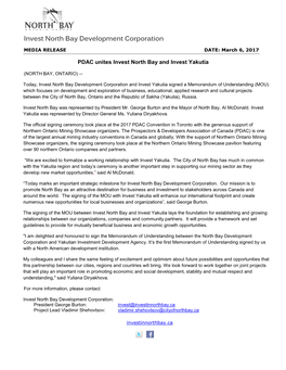 Invest North Bay Development Corporation MEDIA RELEASE DATE: March 6, 2017