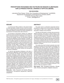 Perceptions Paysannes Des Facteurs De Risques Climatiques Sur La Production De L’Ananas a Toffo Au (Benin)