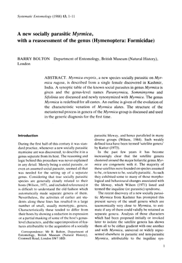 A New Socially Parasitic Myrmica, with a Reassessment of the Genus (Hymenoptera: Formicidae)