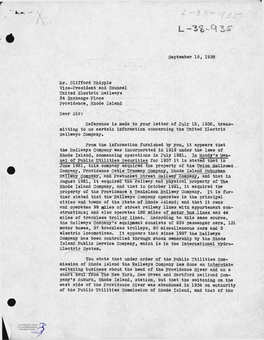 September 16, 1938 Mr. Clifford Whipple Vice-President and Counsel United Electric Railways 24 Exchange Place Providence, Rhode