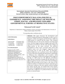 Post-Independence Malaysia Political Experience: Assessing the Impact of Political Strife, Racial, and Religion Towards Governmental Parties at Respective States