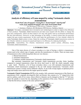 Analysis of Efficiency of Luna Moped by Using Variomatic Clutch Transmission Parth Patel1, Ravi Prajapati2, Umang Dave3, Ketul Solanki4 Smit Parekh5 Assist