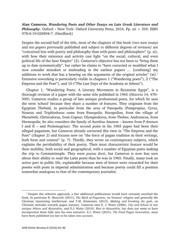 Alan Cameron, Wandering Poets and Other Essays on Late Greek Literature and Philosophy. Oxford – New York: Oxford University Press, 2016
