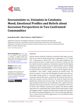 Secessionists Vs. Unionists in Catalonia: Mood, Emotional Profiles and Beliefs About Secession Perspectives in Two Confronted Communities