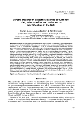 Myotis Alcathoe in Eastern Slovakia: Occurrence, Diet, Ectoparasites and Notes on Its Identification in the Field