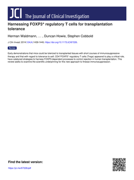 Harnessing FOXP3 Regulatory T Cells for Transplantation Tolerance