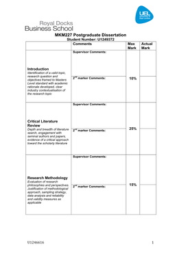 MKM227 Postgraduate Dissertation Student Number: U1249372 Comments Max Actual Mark Mark Supervisor Comments