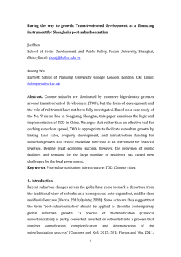 Transit-Oriented Development As a Financing Instrument for Shanghai’S Post-Suburbanization