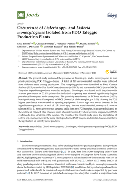 Occurrence of Listeria Spp. and Listeria Monocytogenes Isolated from PDO Taleggio Production Plants