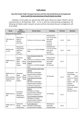 Traffic Advice New Rail Feeder Public Transport Services and Fare