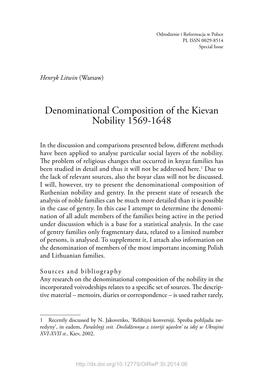 Denominational Composition of the Kievan Nobility 1569‑1648