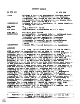 Children's-Television Programming. Hearings Before the Subcommittee on Telecommunications, Consumer Protection, and Finance of the Committee on Energy and Cc:Amerce