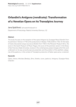 Orlandini's Antigona (Vendicata): Transformation of a Venetian Opera