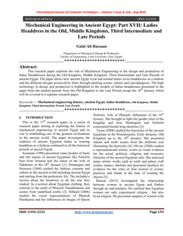 Mechanical Engineering in Ancient Egypt: Part XVII: Ladies Headdress in the Old, Middle Kingdoms, Third Intermediate and Late Periods