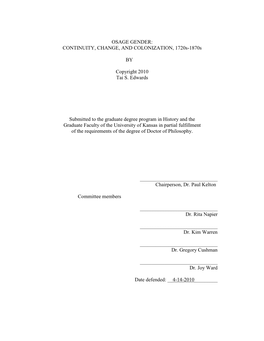 OSAGE GENDER: CONTINUITY, CHANGE, and COLONIZATION, 1720S-1870S