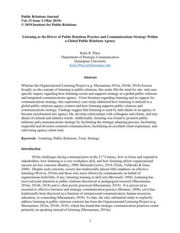 Public Relations Journal Vol. 12 Issue 3 (May 2019) © 2019 Institute for Public Relations 1 Listening As the Driver of Publi