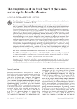 The Completeness of the Fossil Record of Plesiosaurs, Marine Reptiles from the Mesozoic