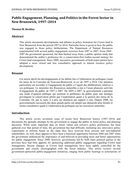 Public Engagement, Planning, and Politics in the Forest Sector in New Brunswick, 1997–2014