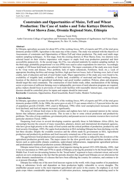 Constraints and Opportunities of Maize, Teff and Wheat Production: the Case of Ambo S and Toke Kuttaye Districts, West Showa Zone, Oromia Regional State, Ethiopia