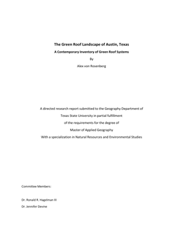 The Green Roof Landscape of Austin, Texas a Contemporary Inventory of Green Roof Systems by Alex Von Rosenberg