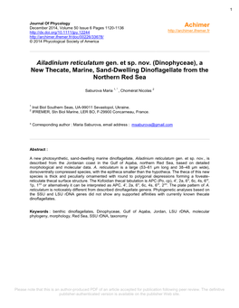 Ailadinium Reticulatum Gen. Et Sp. Nov. (Dinophyceae), a New Thecate, Marine, Sand-Dwelling Dinoflagellate from the Northern Red Sea