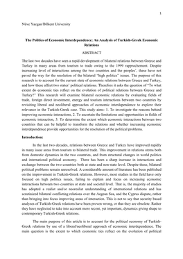 Nüve Yazgan/Bilkent University the Politics of Economic Interdependence