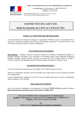 COUP DE VENT DU 6 AOUT 2013 Dépôt Des Demandes Du 2 JUIN Au 2 JUILLET 2014