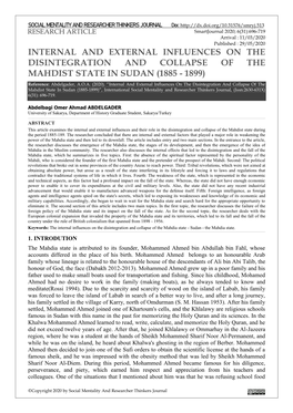 INTERNAL and EXTERNAL INFLUENCES on the DISINTEGRATION and COLLAPSE of the MAHDIST STATE in SUDAN (1885 - 1899) Reference: Abdelgader, A.O.A