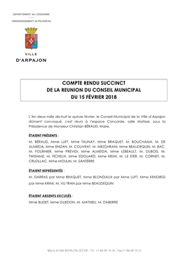 Compte Rendu Succinct De La Reunion Du Conseil Municipal Du 15 Février 2018