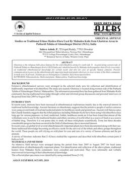 ORIGINAL ARTICLE Studies on Traditional Ethno-Medico-Flora Used by Mahadeo Kolis from Ghatsiras Areas in Pathardi Taluka of Ahme