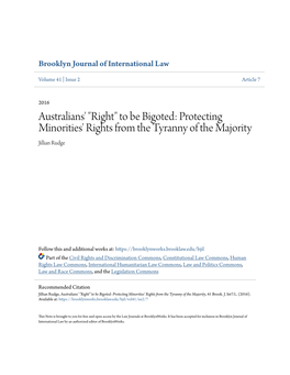 Australians' "Right" to Be Bigoted: Protecting Minorities' Rights from the Tyranny of the Majority Jillian Rudge