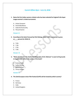 Current Affairs Quiz – June 16, 2018