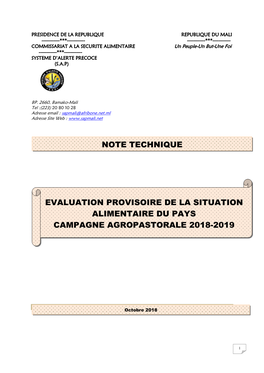 Evaluation Provisoire De La Situation Alimentaire Du Pays Campagne Agropastorale 2018-2019