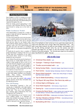 YETI the NEWSLETTER of YHA BUSHWALKING Number 42 SPRING 2012 Walking Since 1939