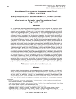 Murciélagos (Chiroptera) Del Departamento Del Chocó, Occidente Colombiano