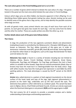 The Coat Colour Genes in the French Bulldog Panel Are E, A, D, K & S