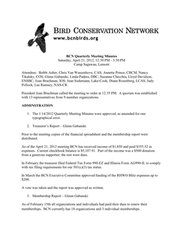 BCN Quarterly Meeting Minutes Saturday, April 21, 2012, 12:30 PM - 3:30 PM Camp Sagawau, Lemont