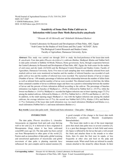 Sensitivity of Some Date Palm Cultivars to Infestation with Lesser Date Moth Batrachedra Amydraula