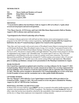 MEMORANDUM TO: Mayor Smith and Members of Council FROM: Doug Elliott, City Manager RE: Friday Letter DATE: August 6, 2021