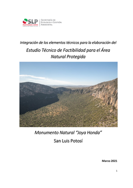 Estudio Técnico De Factibilidad Para El Área Natural Protegida Monumento Natural “Joya Honda” San Luis Potosí