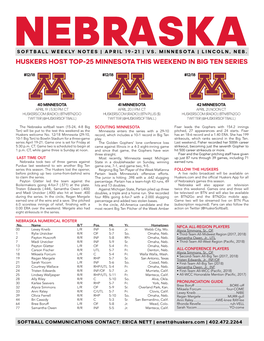 Huskers Host Top-25 Minnesota This Weekend in Big Ten Series